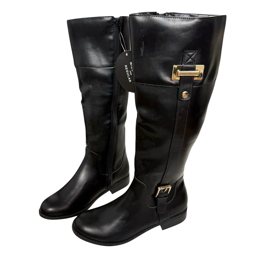 Knee High Riding Boots Women 7M Black Gold Buckle Faux Leather Equestrian Autumn